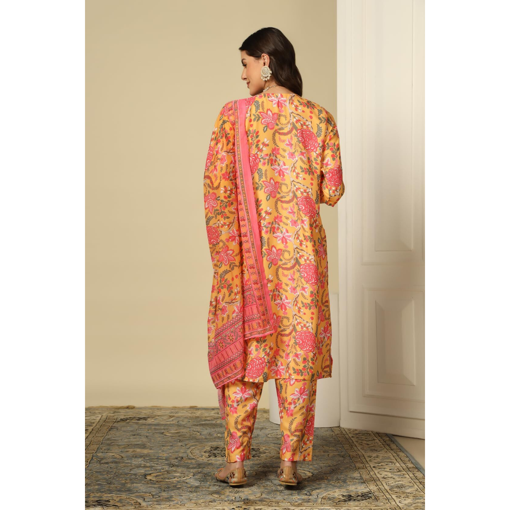 Leriya Fashion Cotton Blend Alia Cut Kurta Set For Women| Alia Cut Anarkali Set For Women | Embroidery Kurta Set For Women| Kurta With Pant Set For Women. (X-Large, Yellow)