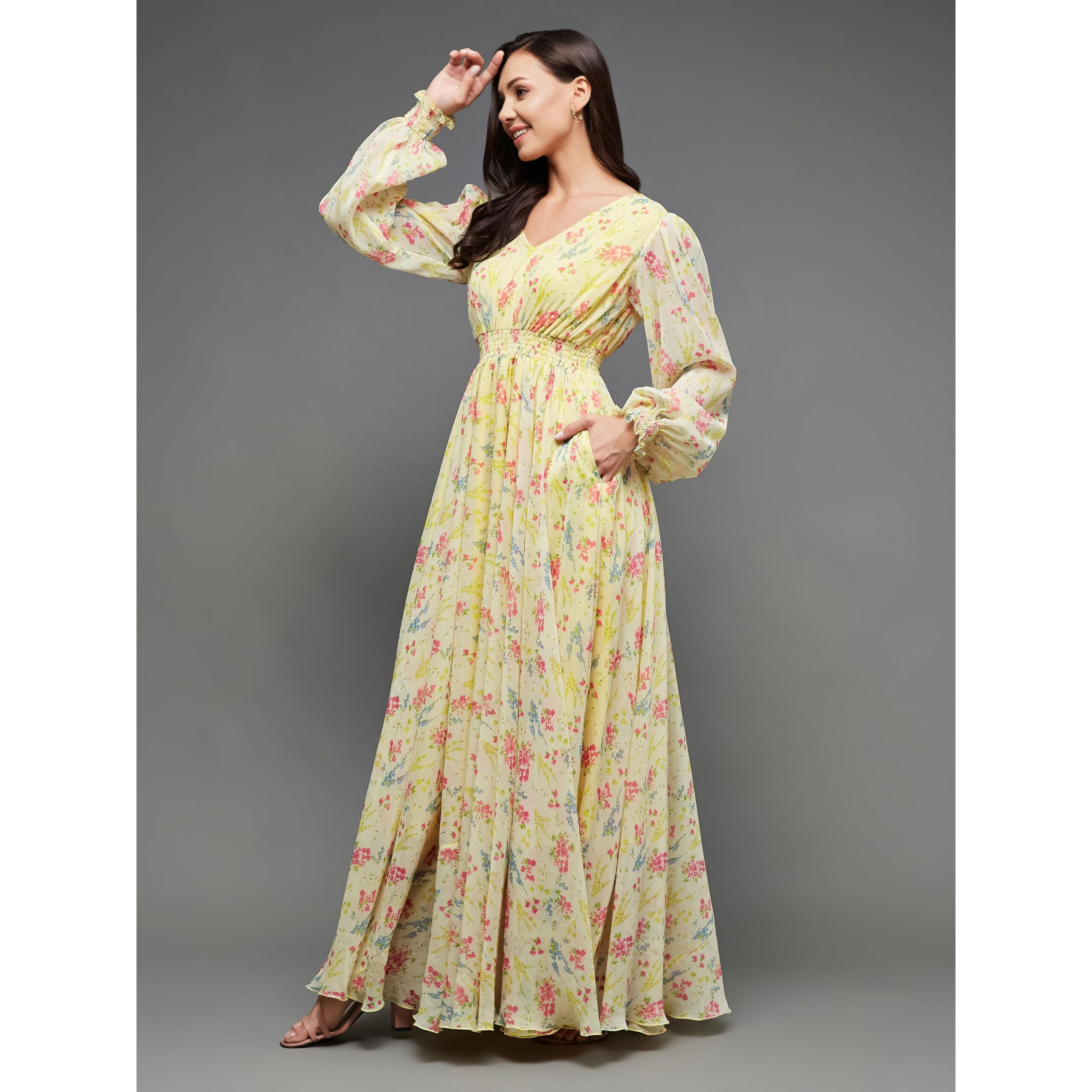 Miss Chase Women's V-Neck Bishop Sleeve Floral Gathered Chiffon Maxi Dress (Mcss23D06-65-278-02, Multicolored-Base-Lime Yellow, Xs)