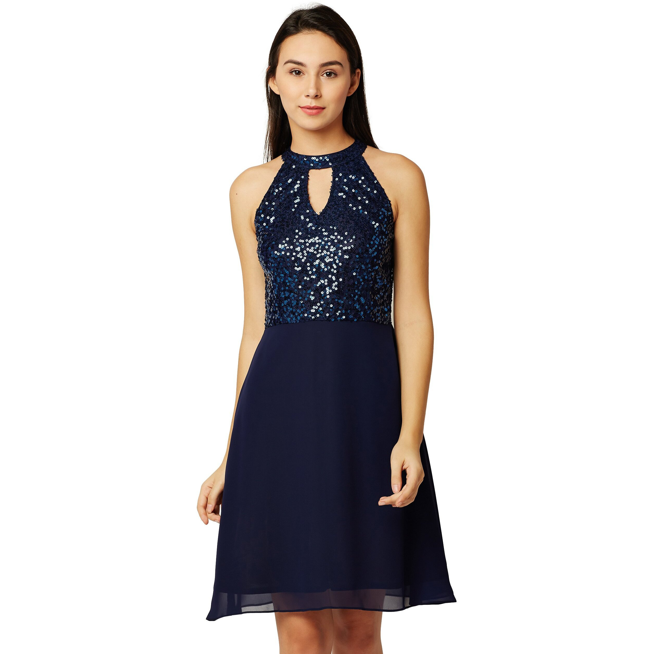Miss Chase Women's Flowy Sequin Georgette Skater Dress(Mcss18D10-61-71-06,Navy Blue,X-Large)