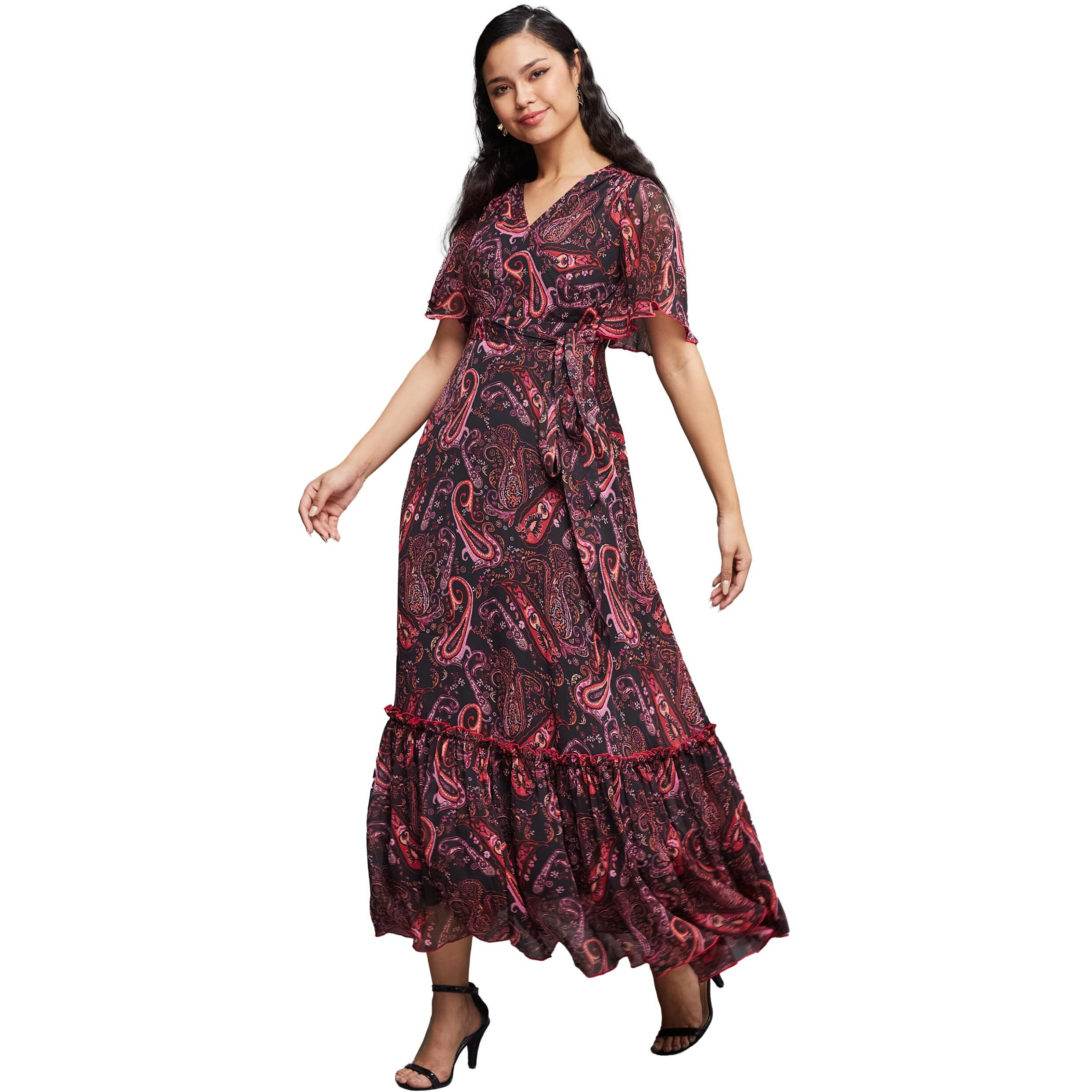 Miss Chase Women's Bohemian V-Neck Flutter Sleeve Chiffon Relaxed Fit Wrap Maxi Dress With Pockets (Mcaw21D06-14-171-05, Multicolored-Base-Black, L)