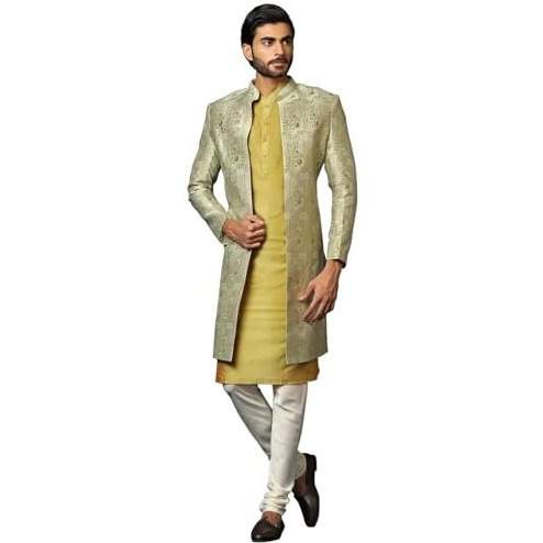 Kisah Men's Beige And Golden Indo-Western Kurta Sherwani Churidar Set Cotton Full Sleaves, Knee Length, Straight, Regular Fit, Mandarin Collar Ethnic Wear