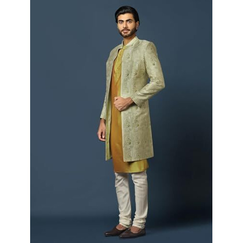 Kisah Men's Beige And Golden Indo-Western Kurta Sherwani Churidar Set Cotton Full Sleaves, Knee Length, Straight, Regular Fit, Mandarin Collar Ethnic Wear