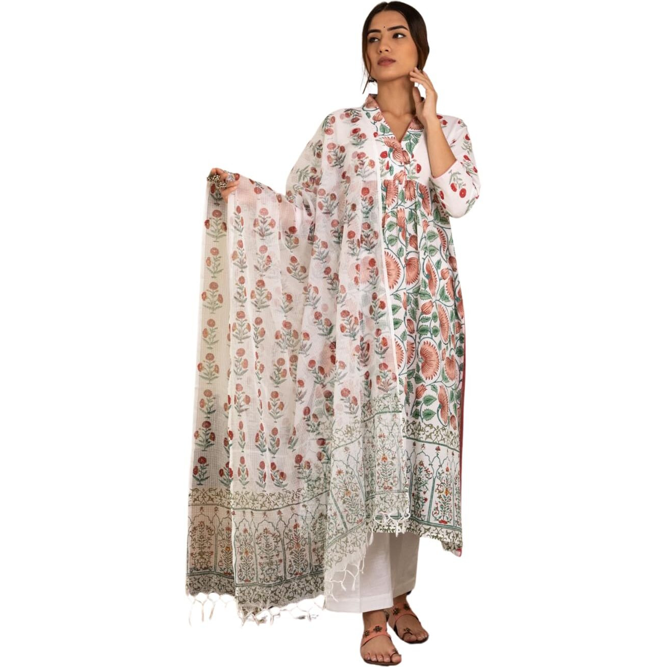 Nainvish Women's Viscose Rayon Printed A-Line V-Neck Kurta Pant With Dupatta (Sd710_Kbd-L_White)