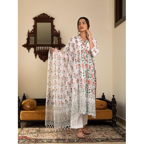 Nainvish Women's Viscose Rayon Printed A-Line V-Neck Kurta Pant With Dupatta (Sd710_Kbd-L_White)