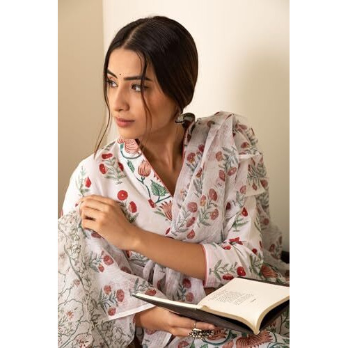 Nainvish Women's Viscose Rayon Printed A-Line V-Neck Kurta Pant With Dupatta (Sd710_Kbd-L_White)