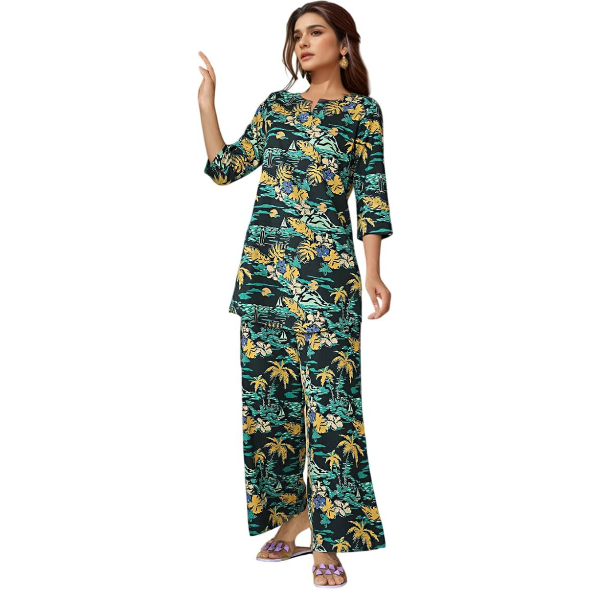 Nainvish Women's Multicolor Printed Straight Rayon Blend Notch Neck Co-Ord Set (Sd725_Kb-M_Multicolor)