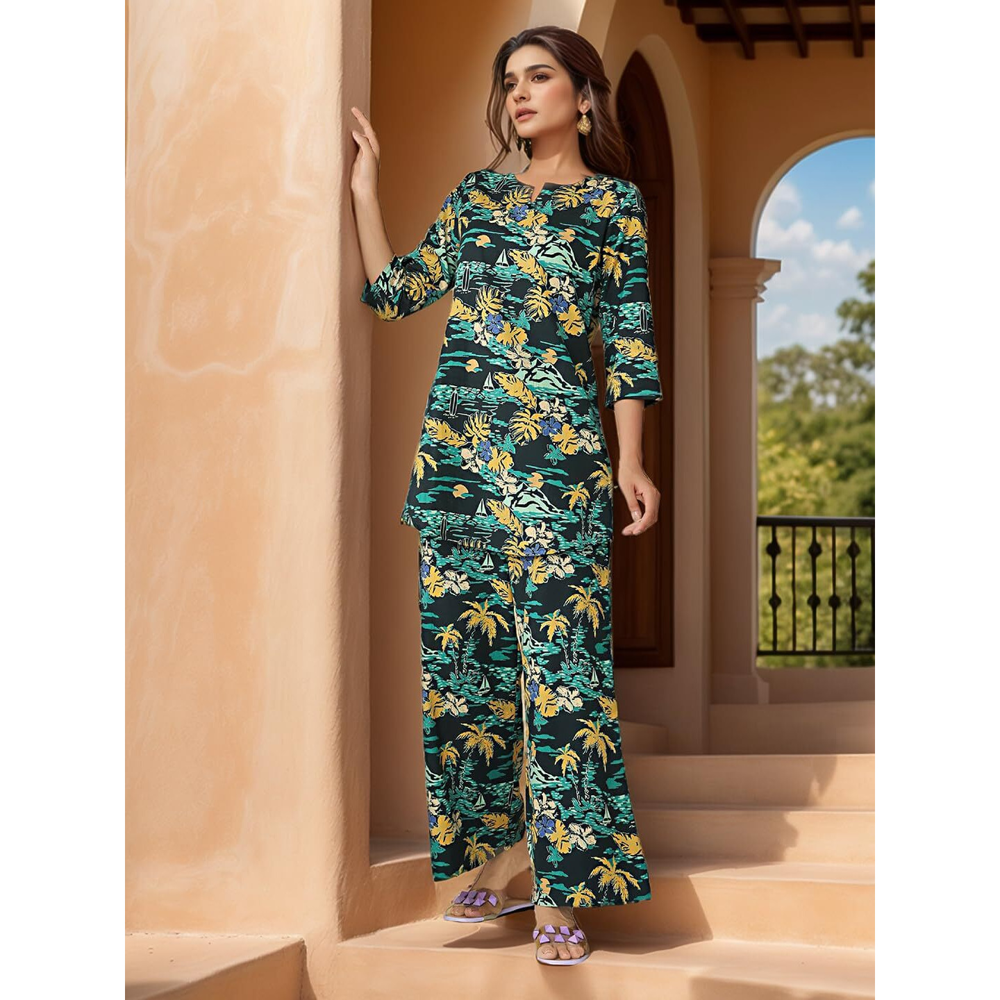 Nainvish Women's Multicolor Printed Straight Rayon Blend Notch Neck Co-Ord Set (Sd725_Kb-M_Multicolor)