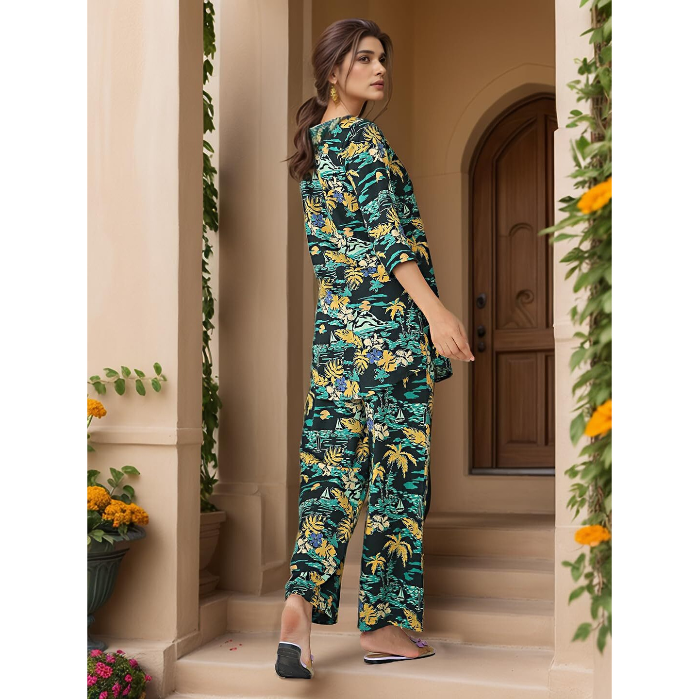 Nainvish Women's Multicolor Printed Straight Rayon Blend Notch Neck Co-Ord Set (Sd725_Kb-M_Multicolor)