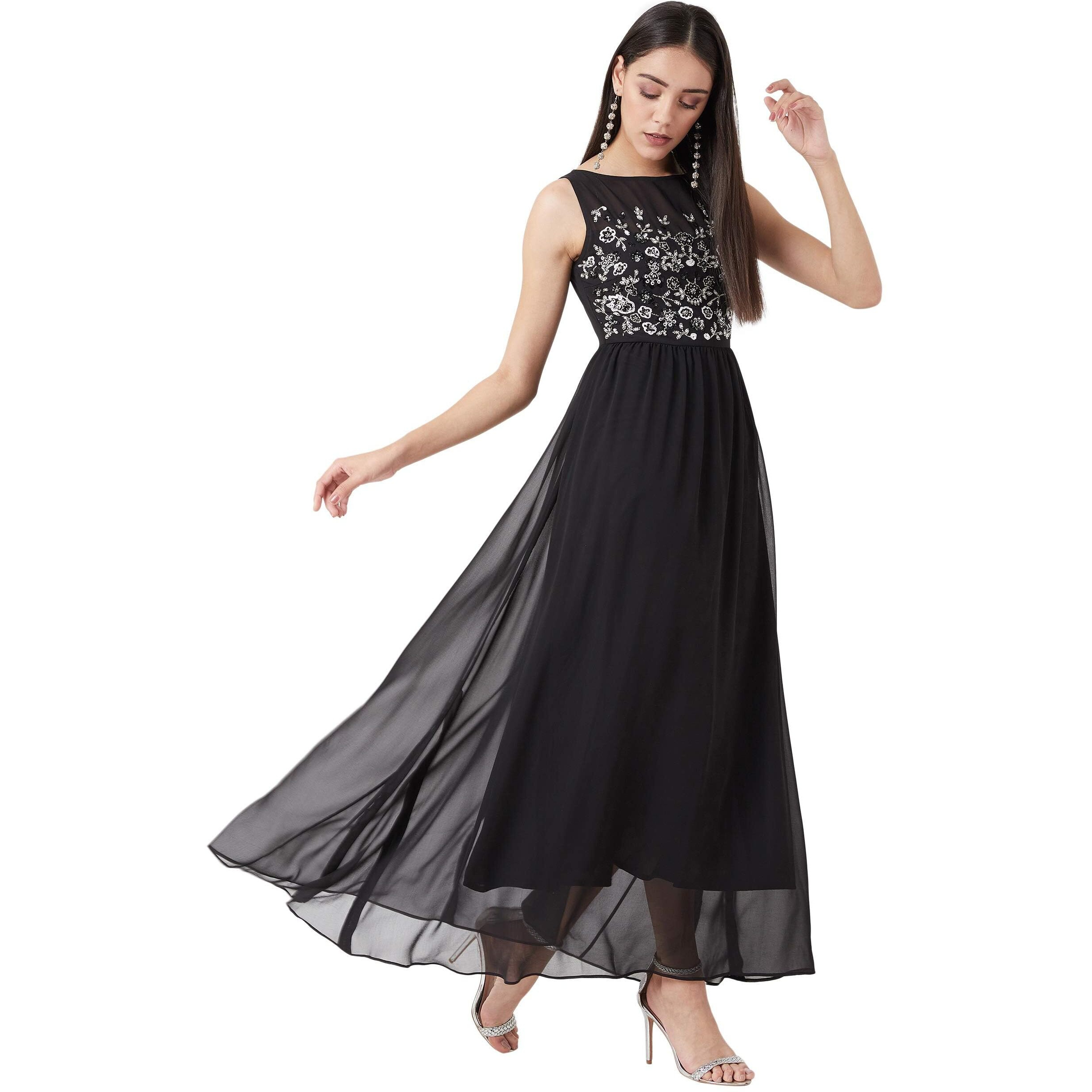 Miss Chase Women's Black Boat Neck Solid Embellished Maxi Dress(Mcaw19D08-45-62-05,Black,Large)