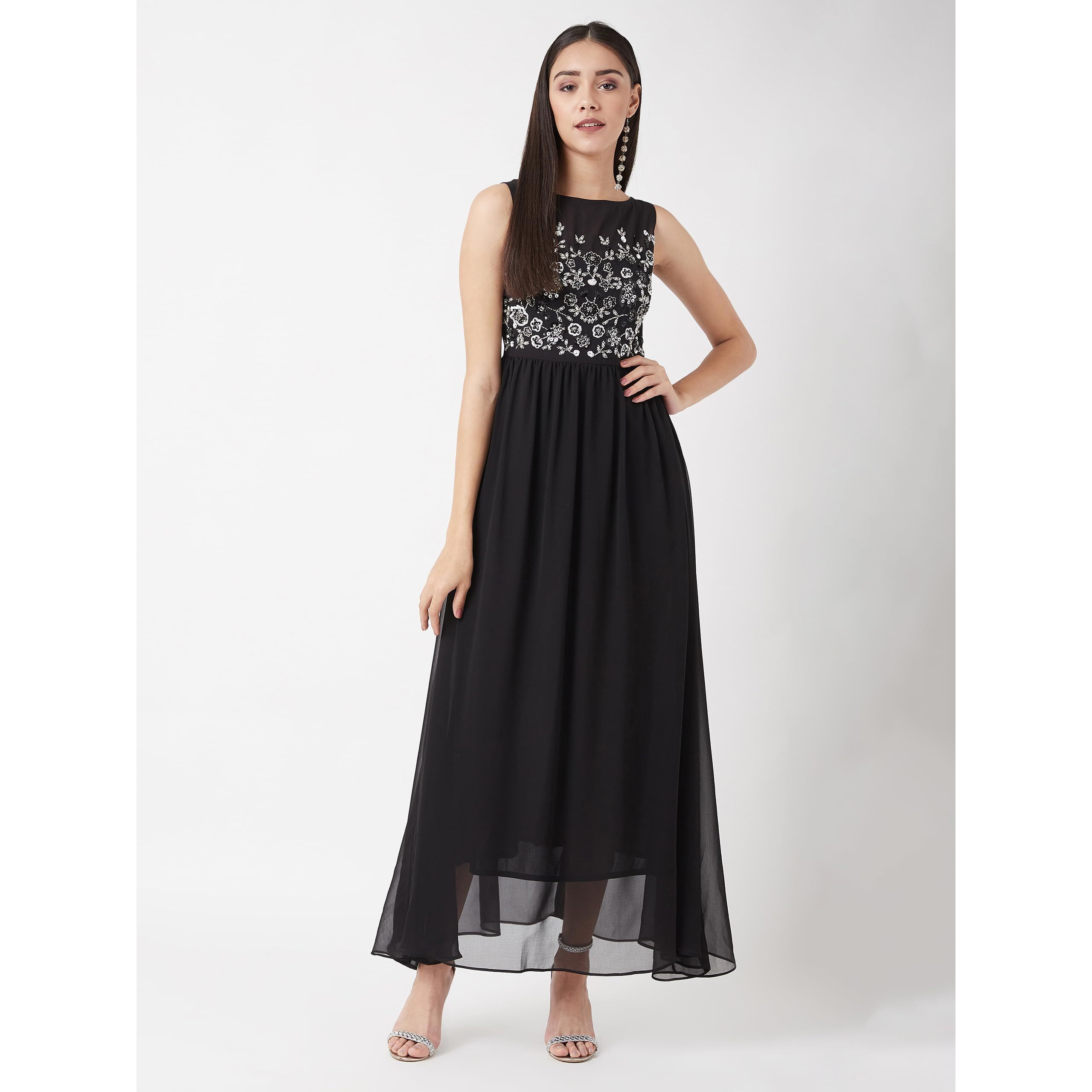 Miss Chase Women's Black Boat Neck Solid Embellished Maxi Dress(Mcaw19D08-45-62-05,Black,Large)