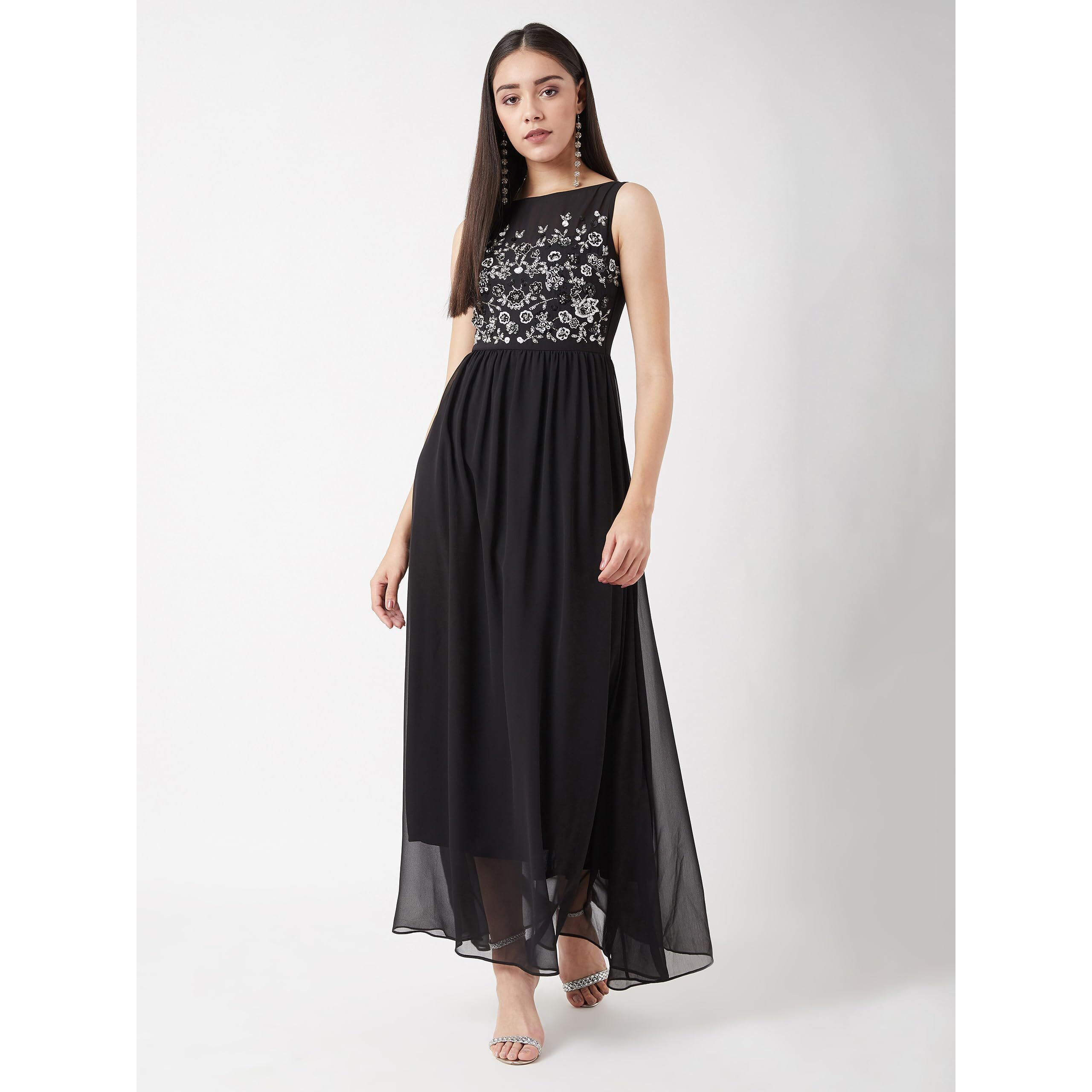 Miss Chase Women's Black Boat Neck Solid Embellished Maxi Dress(Mcaw19D08-45-62-05,Black,Large)