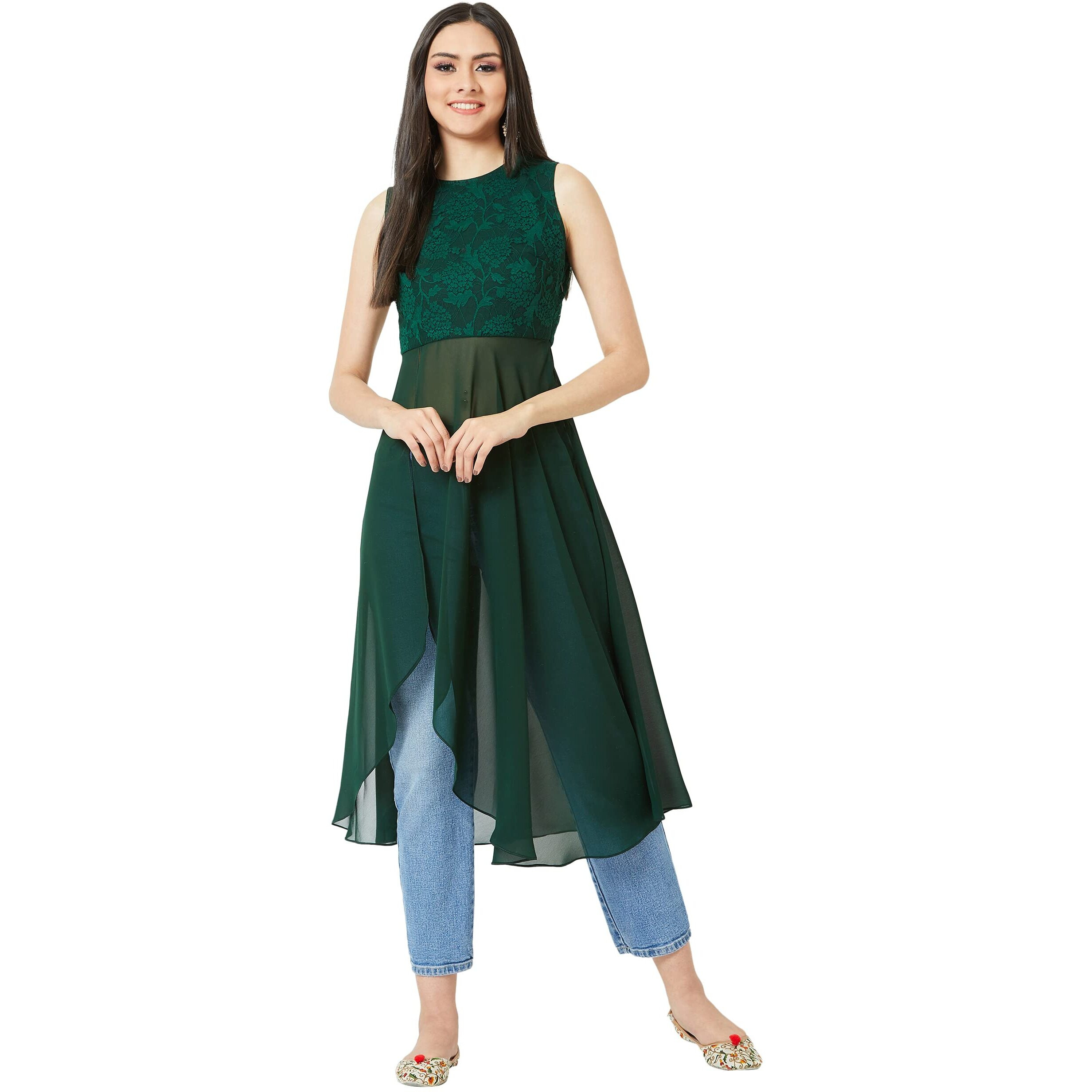 Miss Chase Women's Forest Green Round Neck Sleeveless Solid Lace Overlaid Maxi Top (Mcaw21Tp14-09-236-02,Forest Green,Xs)