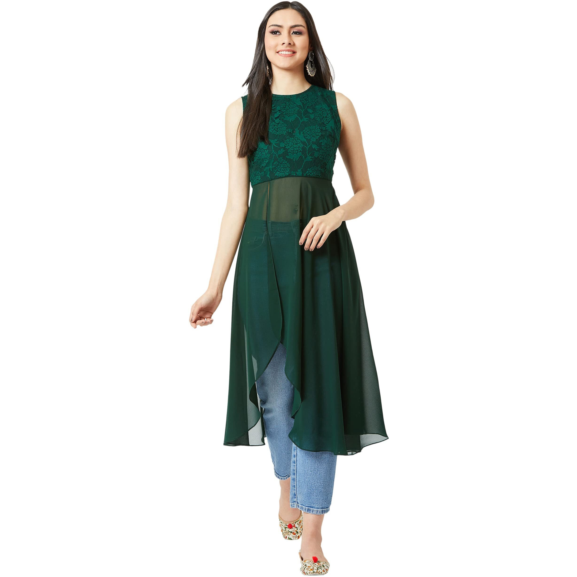 Miss Chase Women's Forest Green Round Neck Sleeveless Solid Lace Overlaid Maxi Top (Mcaw21Tp14-09-236-02,Forest Green,Xs)