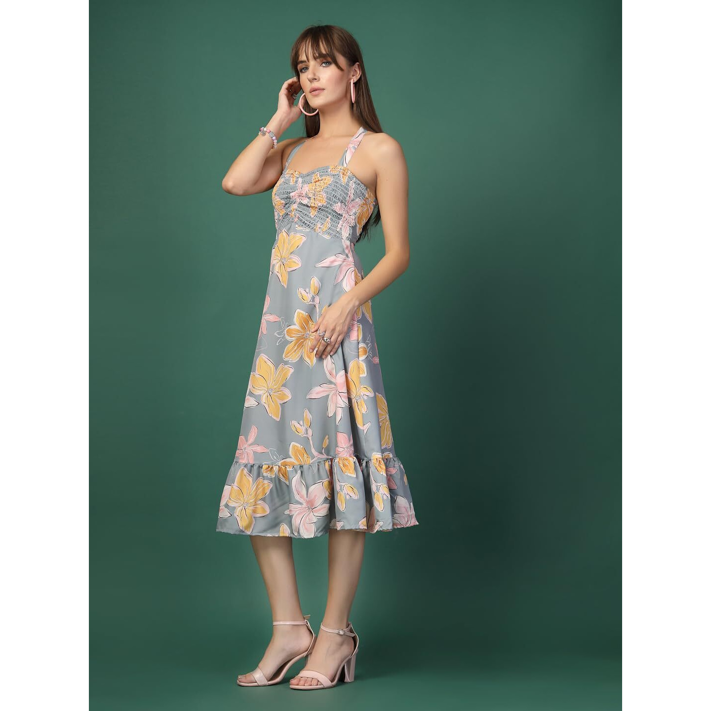 Oomph Women's Western & Fusion Wear Printed Crepe Dress For Women, Smocked Bodice, Grey - Md1055