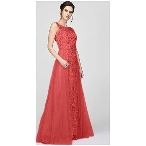 Patlani Women's Net Fit And Flare Knee-Length Dress (All Over-New_Red (Large)