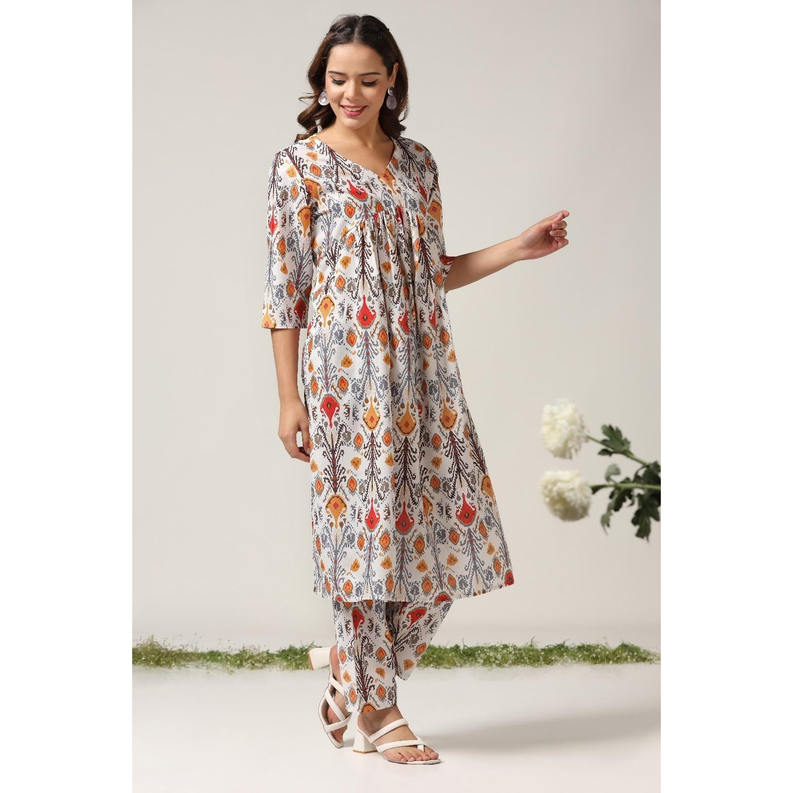 Om Sai Latest Creation Women Cotton Blend Fancy Kurta Set Regular Fit Printed (Oslc-K731&P153_Off White_2Xl)