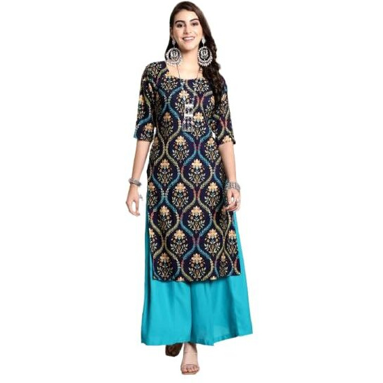 Pinkmint Elegant Printed Crepe Kurti's For Women's Ll Fashionable Kurti Ll Straight Round Neck Kurti (Pack Of 1) Navy Blue