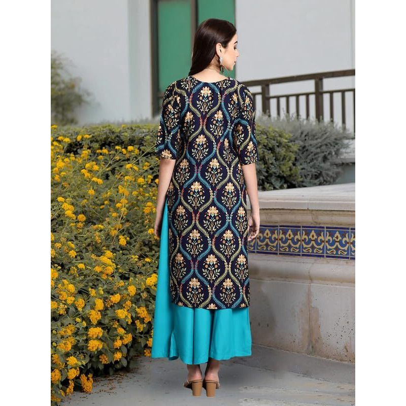 Pinkmint Elegant Printed Crepe Kurti's For Women's Ll Fashionable Kurti Ll Straight Round Neck Kurti (Pack Of 1) Navy Blue