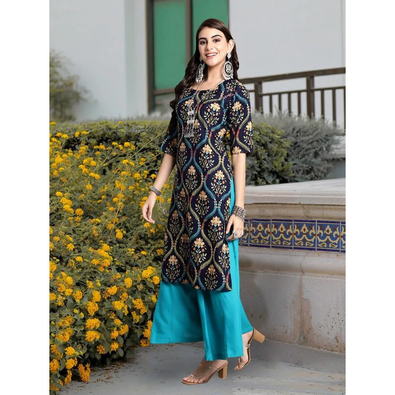 Pinkmint Elegant Printed Crepe Kurti's For Women's Ll Fashionable Kurti Ll Straight Round Neck Kurti (Pack Of 1) Navy Blue