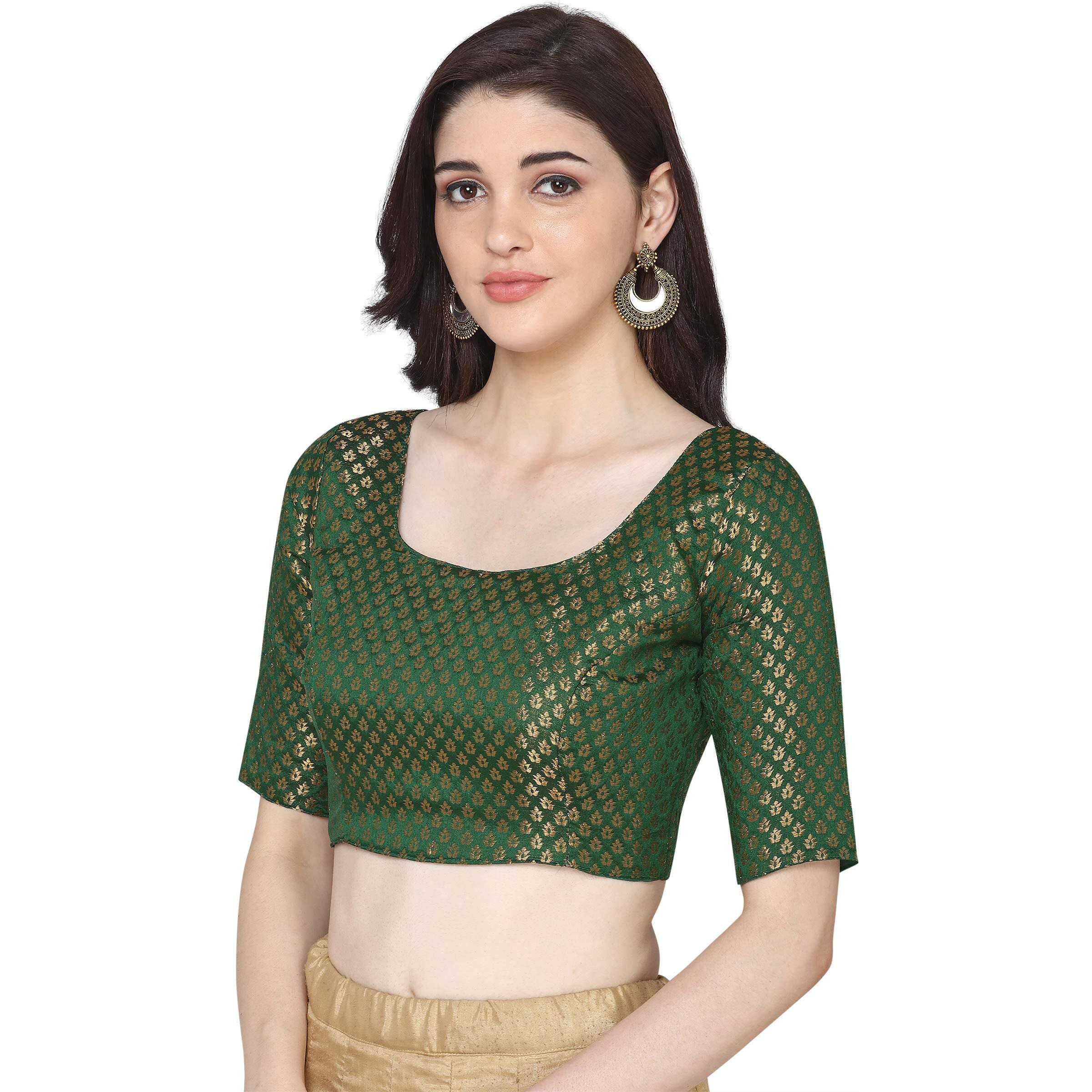 Oomph Women's Art Silk Solid 3/4 Sleeve Saree Blouse (Rbbl13L_Emerald Green_L)