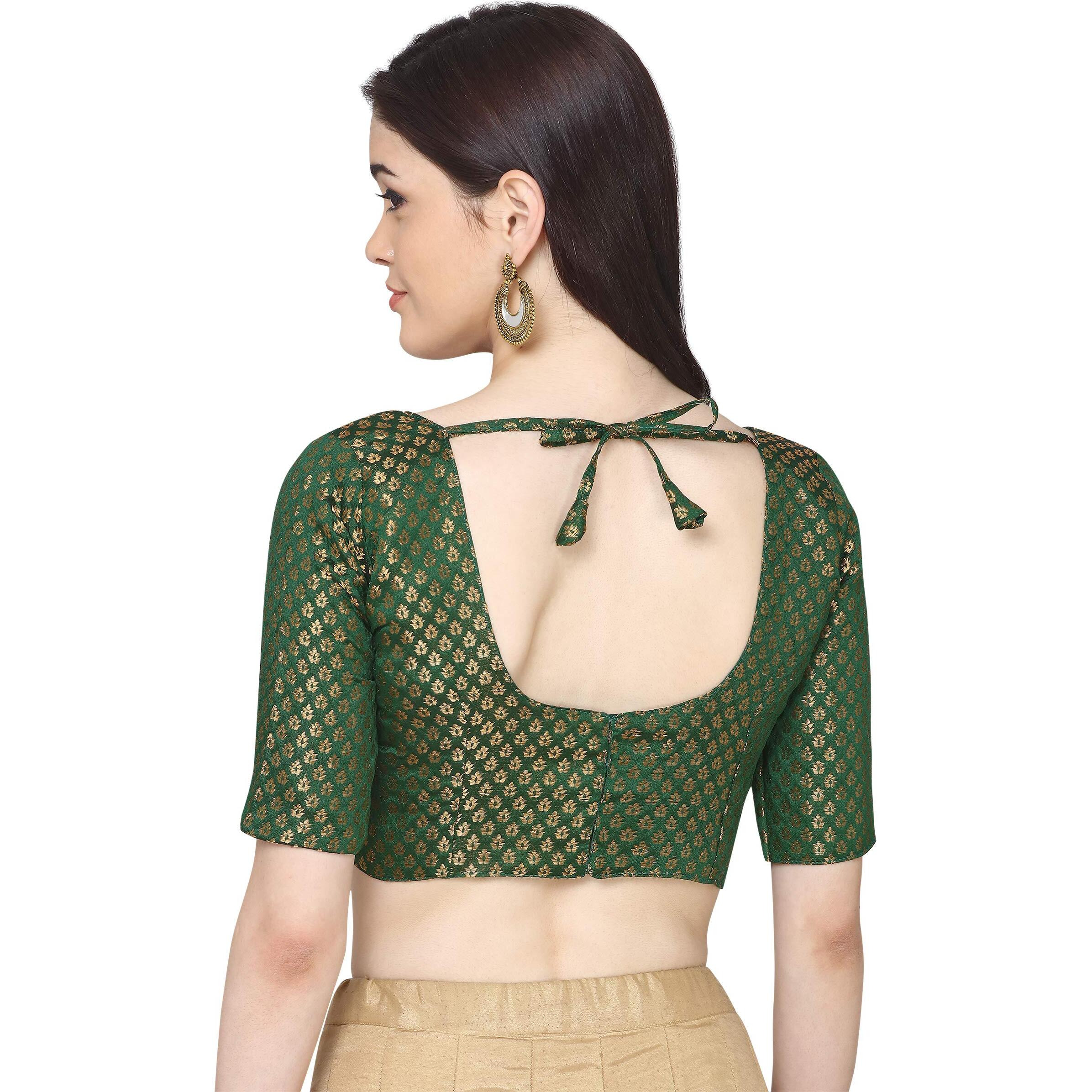 Oomph Women's Art Silk Solid 3/4 Sleeve Saree Blouse (Rbbl13L_Emerald Green_L)