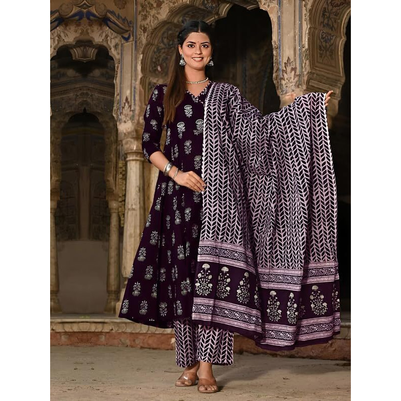 Pinkmint Women's Cotton Blend Indigo Printed Printed Kurta With Pant & Dupatta