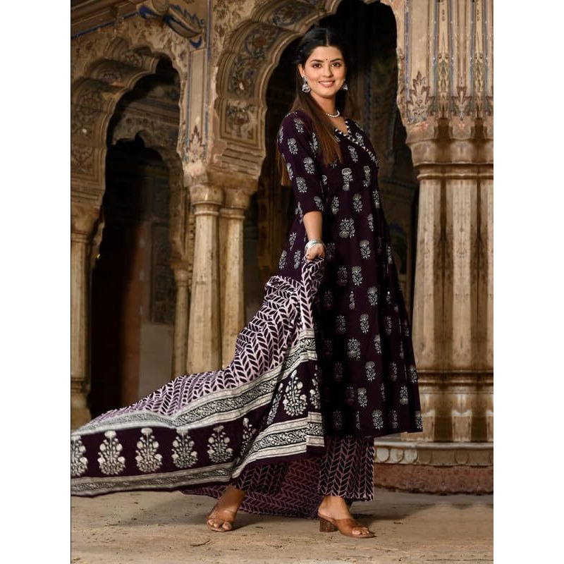 Pinkmint Women's Cotton Blend Indigo Printed Printed Kurta With Pant & Dupatta