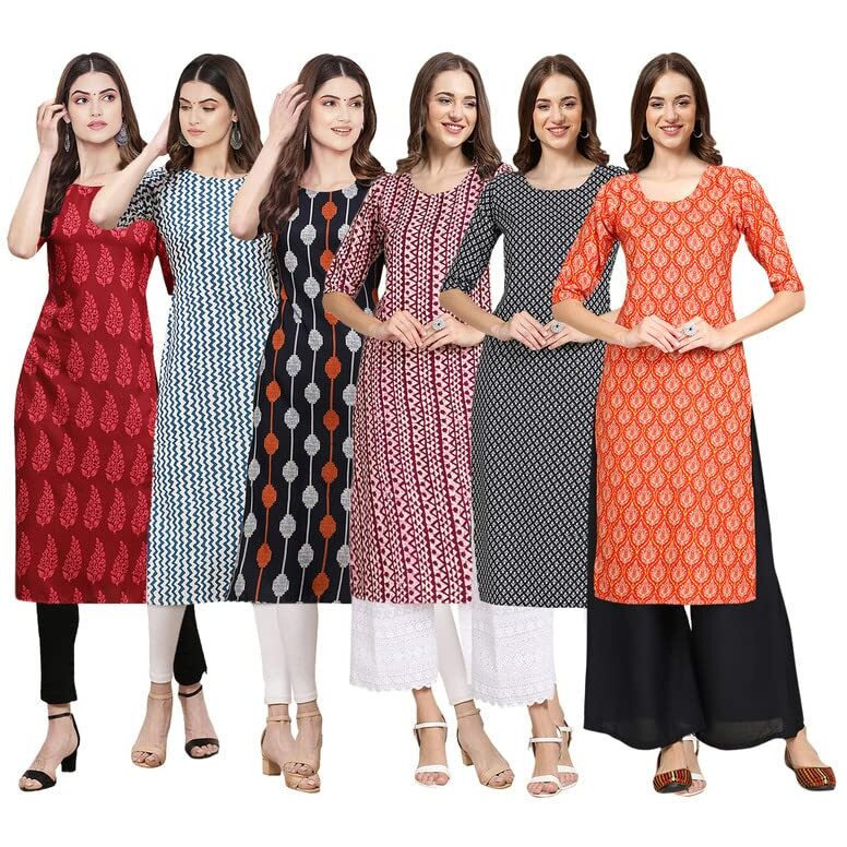 Pinkmint Women's Crepe Digital Print Straight Kurta [Pack Of 6](Qv-337-331-330-347-349-354-L)