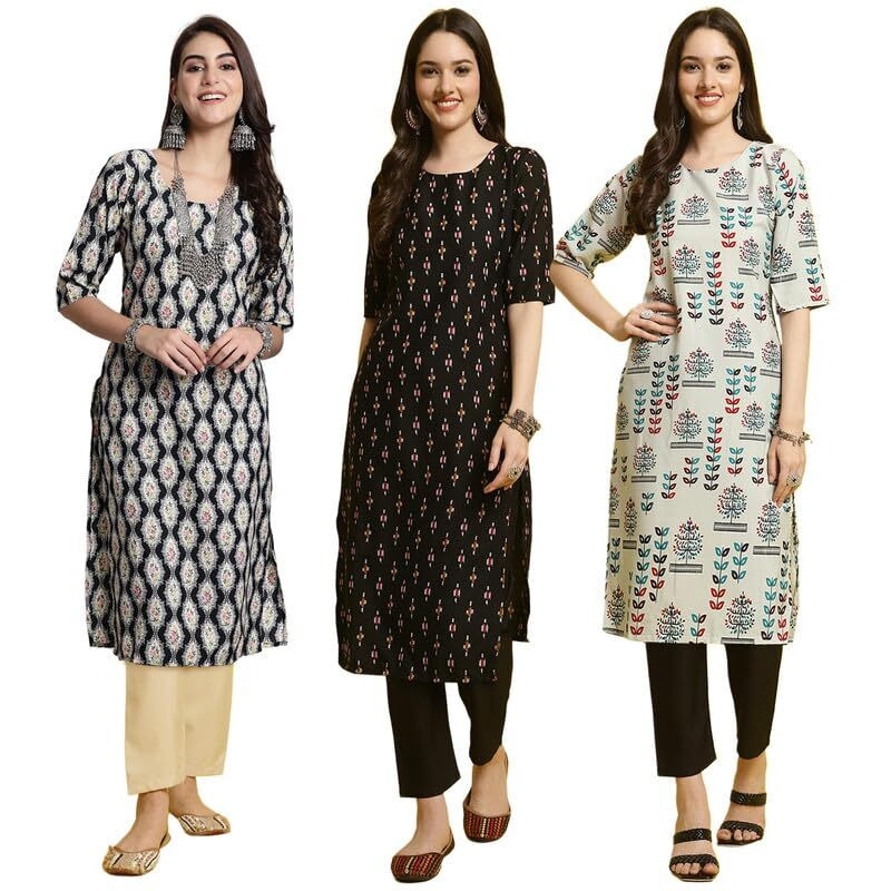 Pinkmint Women's Crepe Printed Kurta And Pant Set (Pack Of 3)