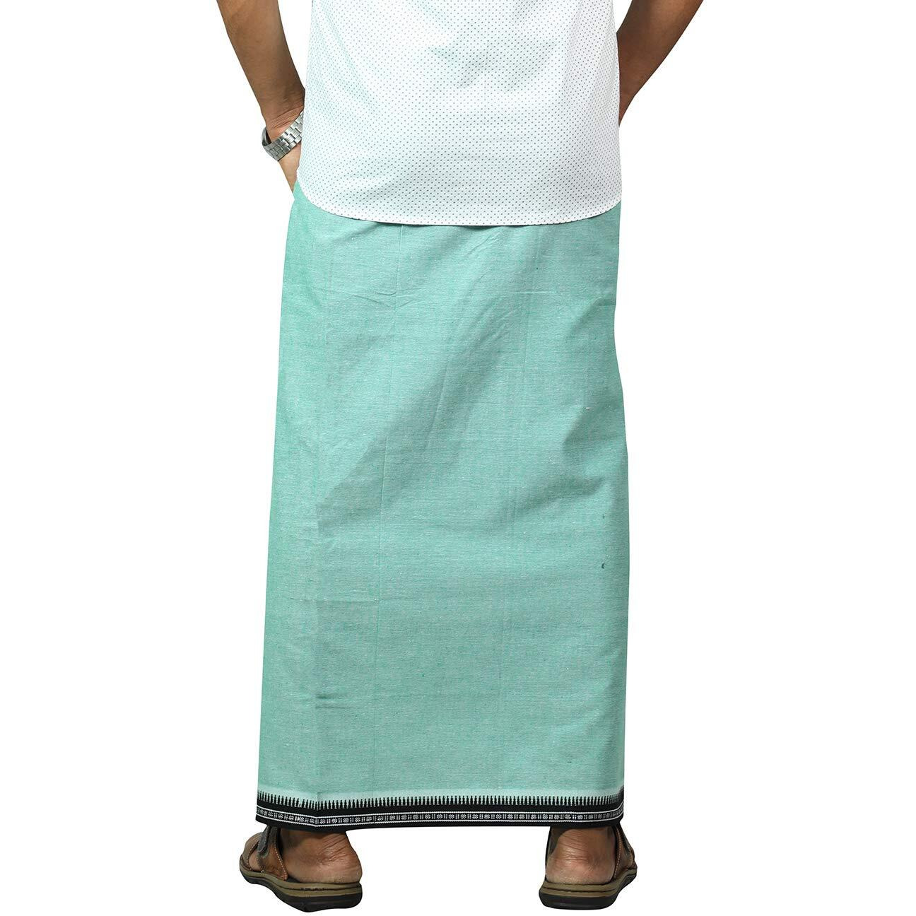 Prakasam Cotton Mens Cotton Kerala Thalapathi Border Welcro Pocket Dhoti (Size -L Size Dhoti) / Green Colour Thalapathi Adjustable Pocket Dhoties For Mens