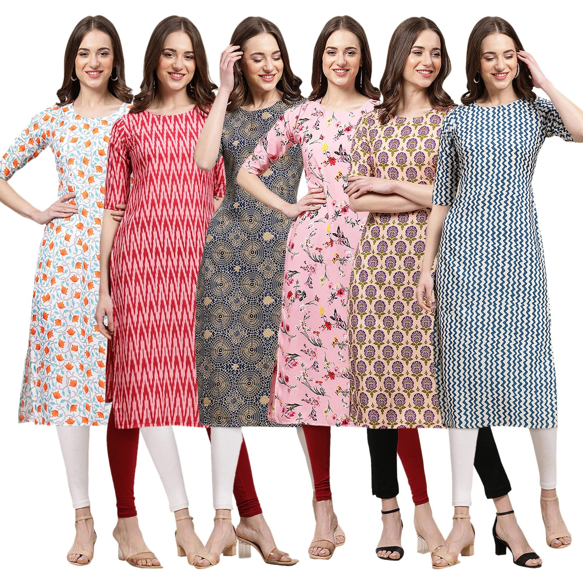 Pinkmint Women's Crepe Digital Print Straight Kurta [Pack Of 6]