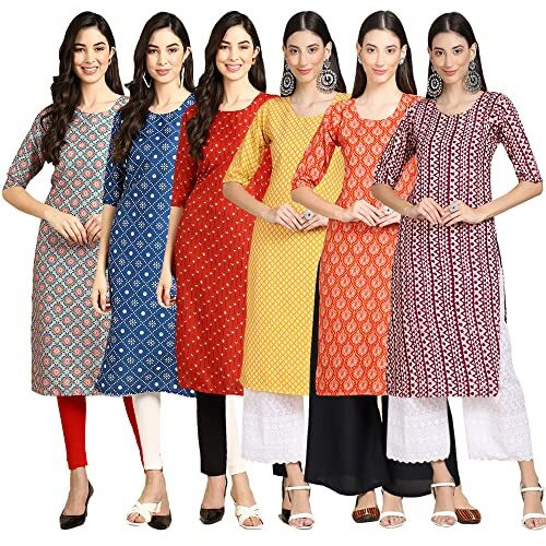 Pinkmint Women's Crepe Digital Print Straight Kurta(Pack Of 6)[Qi-372-353-370-350-354-347-M]