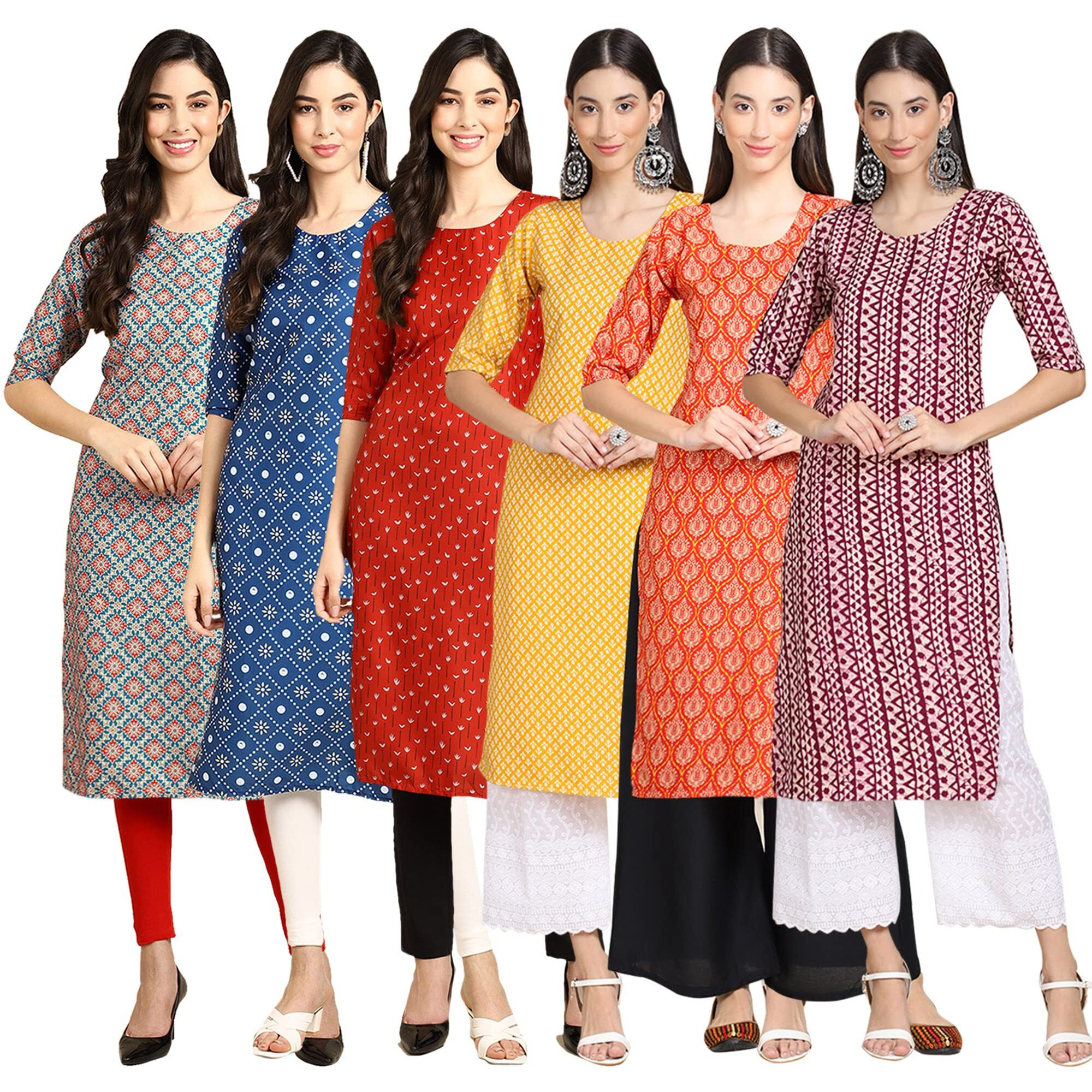 Pinkmint Women's Crepe Digital Print Straight Kurta(Pack Of 6)[Qi-372-353-370-350-354-347-L]