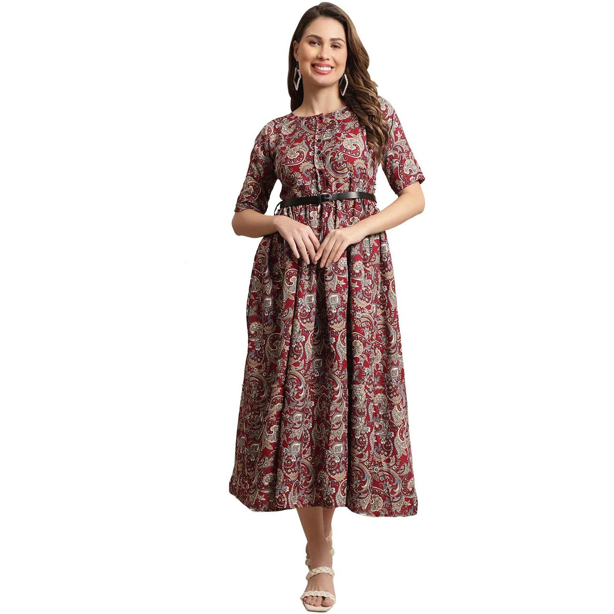 Preneum Women's Rayon Fit And Flare Standard Length Dress (Gown-101_Red_M)