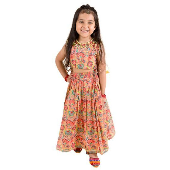 Pspeaches Girl's Coral Blue Printed Pure Cotton Ready To Readymade Lehenga And Choli Set, (Orange-3-4Y)