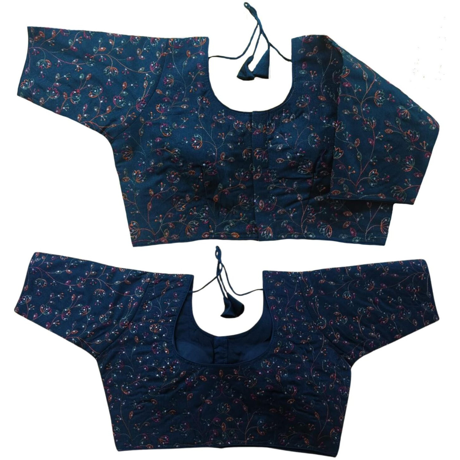 Pujia Mills Women's Sequence Multi Embroidered U Neck Half Sleeve Readymade Saree Blouse Indian Ethnic Designer Stitched Women's Readymade Blouse Readymade Morpeach Blouse For Women