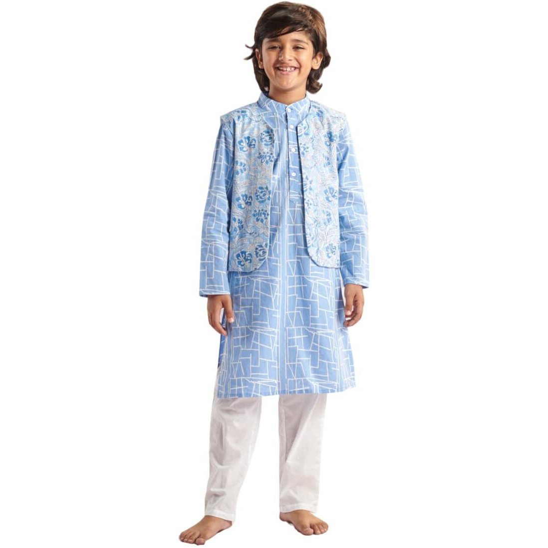 Pspeaches Boys Floral Printed Angrakha Kurta With Pyjamas (12-13Years)