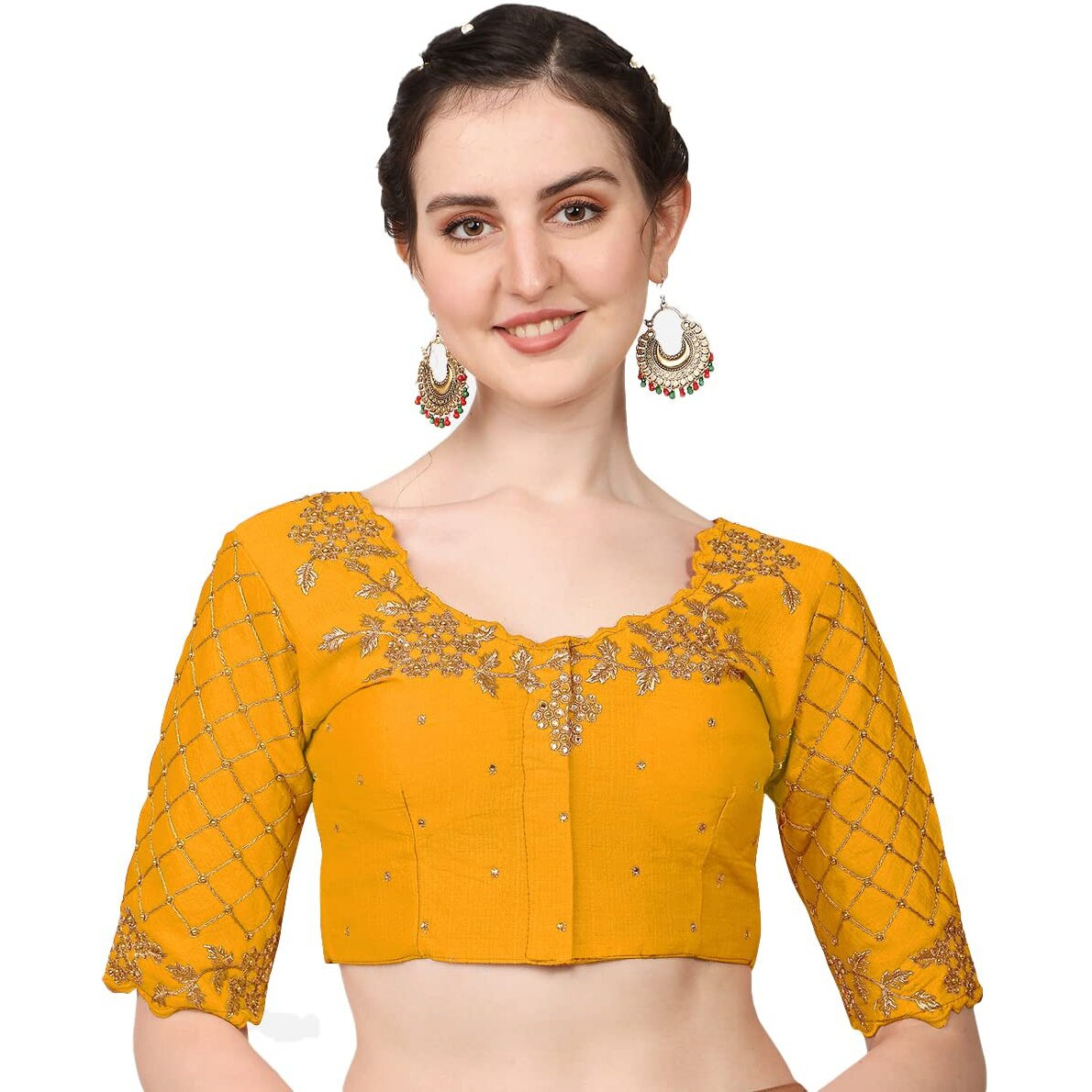 Pujia Mills Women's Embroidery Handwork, Rough Cut Work Stone Work Readymade Blouse (32, Yellow)