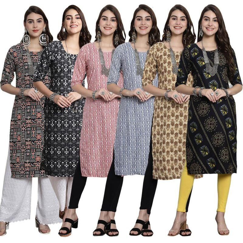 Pinkmint Women's Crepe Kurti Round Neck Straight Kurti For Women Comfortable Kurti Regular Wear Kurti For Women's (Pack Of 6)