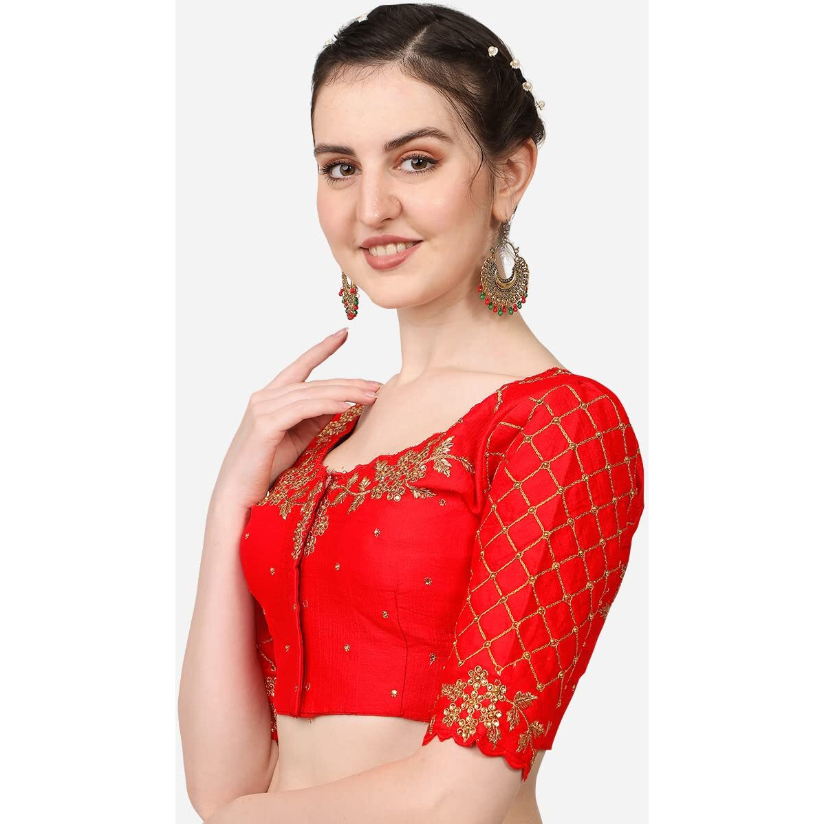 Pujia Mills Women's Embroidery Handwork, Rough Cut Work Stone Work Readymade Blouse (38, Red)
