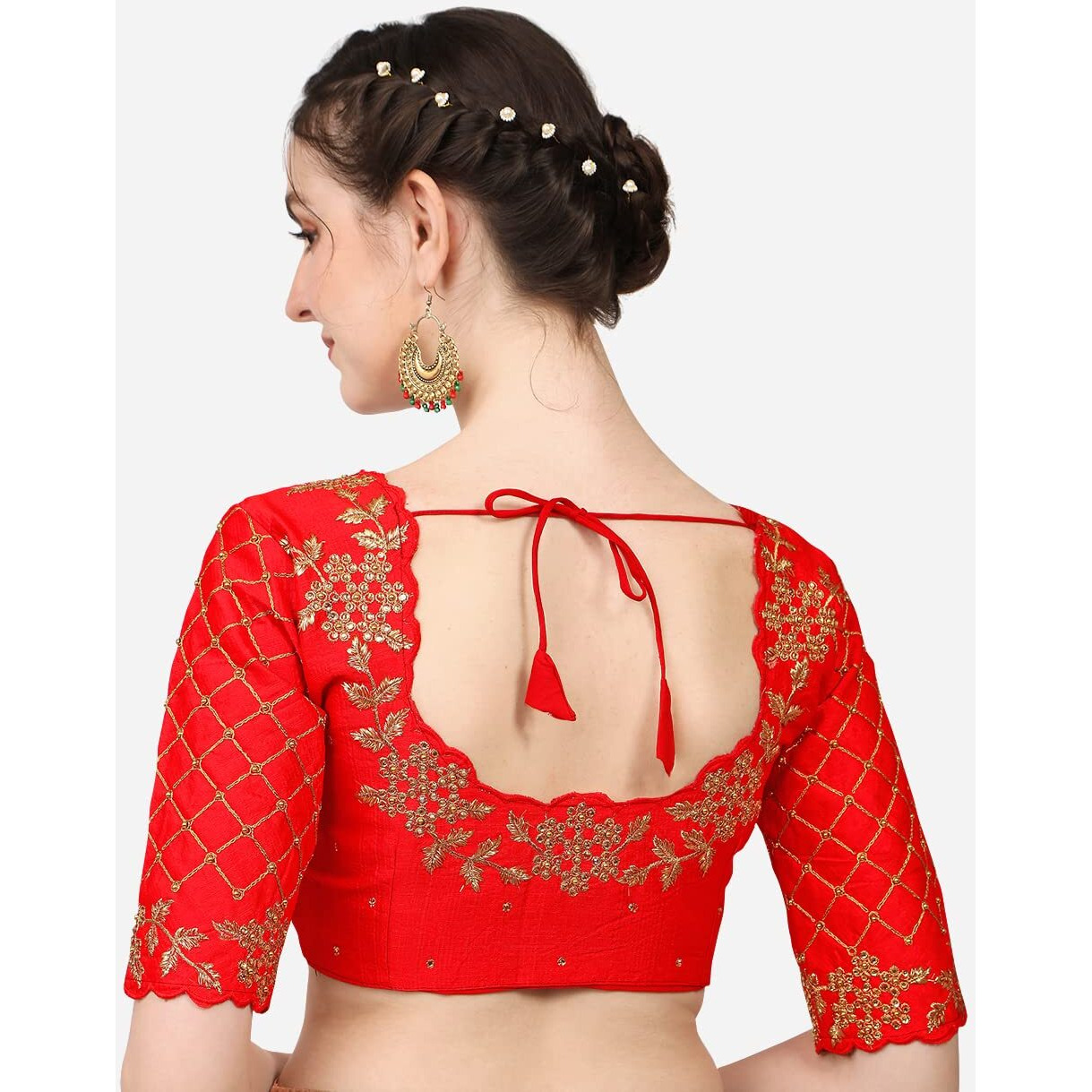 Pujia Mills Women's Embroidery Handwork, Rough Cut Work Stone Work Readymade Blouse (38, Red)