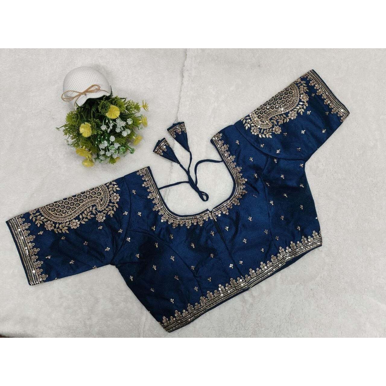 Pujia Mills Womens Readymade Blouse Embroidery Golden Zari Coding Sequence Thread Work Indian Ethnic Designer Stitched Half Sleeve Readymade Morpeach Blouse Collection For Women Saree Lehenga Choli