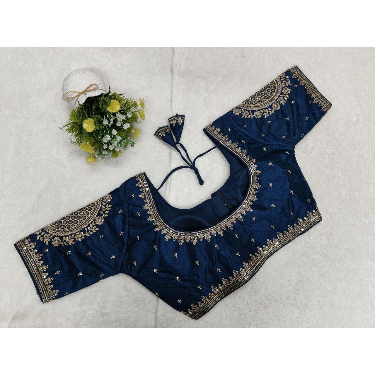 Pujia Mills Womens Readymade Blouse Embroidery Golden Zari Coding Sequence Thread Work Indian Ethnic Designer Stitched Half Sleeve Readymade Morpeach Blouse Collection For Women Saree Lehenga Choli