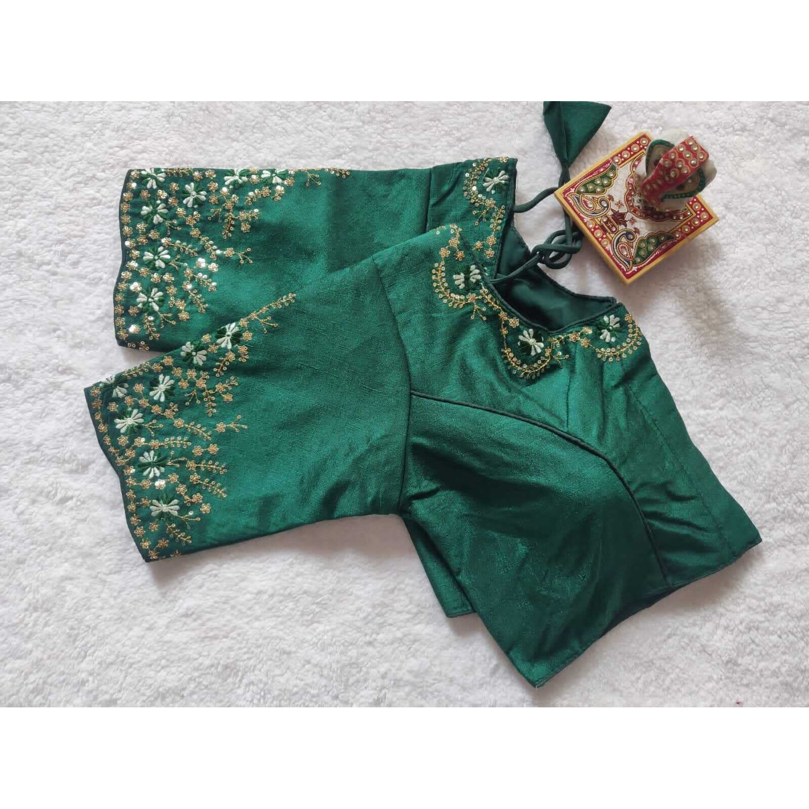 Pujia Mills Women's Silk Embroidery Sequence Work Half Sleeve Readymade Blouse (Green, 38)