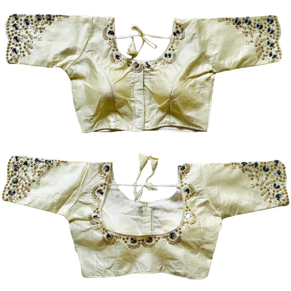 Pujia Mills Women's Silk Embroidery Sequence Work Half Sleeve Readymade Blouse (White, 36)