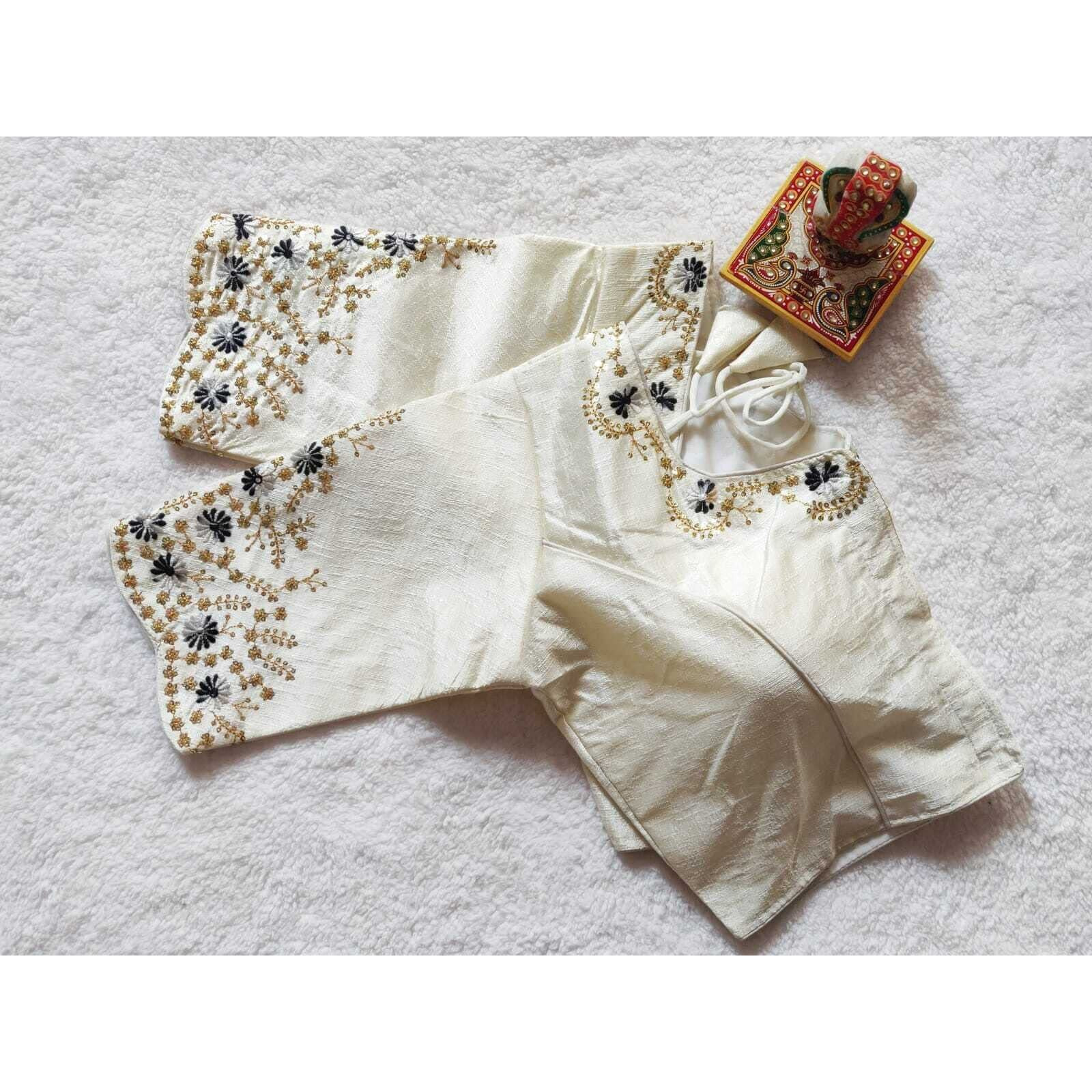 Pujia Mills Women's Silk Embroidery Sequence Work Half Sleeve Readymade Blouse (White, 36)