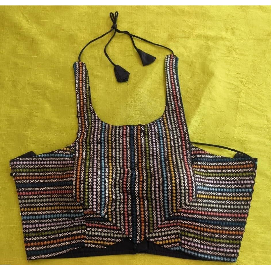 Pujia Mills Women's Sequin Embroidered Halter Neck Sleeveless Readymade Saree Blouse Indian Ethnic Designer Stitched Women's Readymade Saree Blouse Sleeveless Blouse Readymade Black Blouse For Women