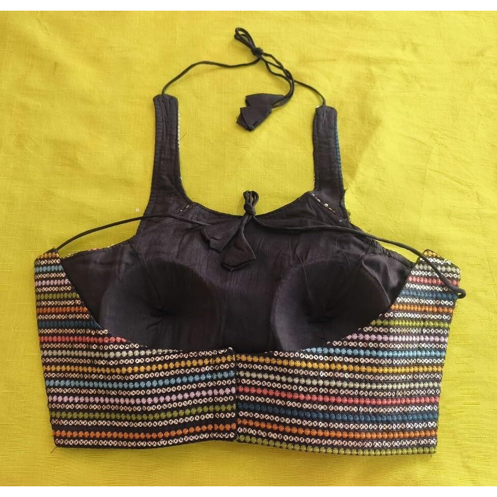 Pujia Mills Women's Sequin Embroidered Halter Neck Sleeveless Readymade Saree Blouse Indian Ethnic Designer Stitched Women's Readymade Saree Blouse Sleeveless Blouse Readymade Black Blouse For Women