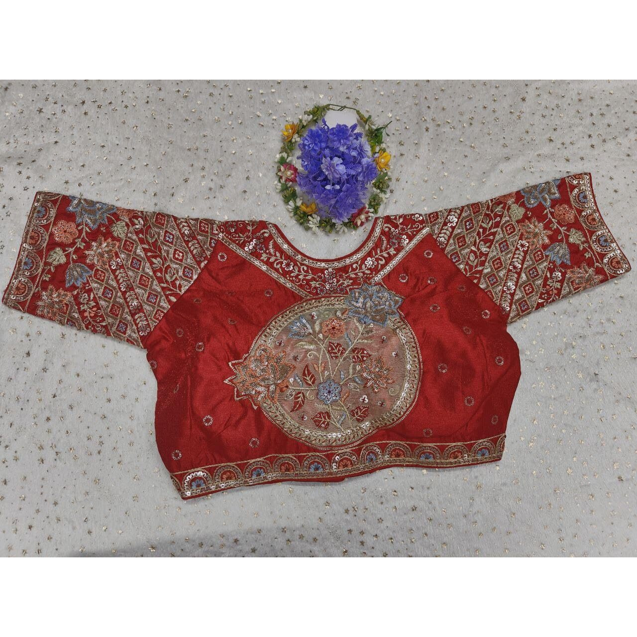 Pujia Mills Women's Ethnic Wear Golden Codding With Multi Embroidery Sequence Work Sweetheart Neck Half Sleeve Readymade Bridal Red Saree Blouse Net Cutwork Blouse For Lehenga
