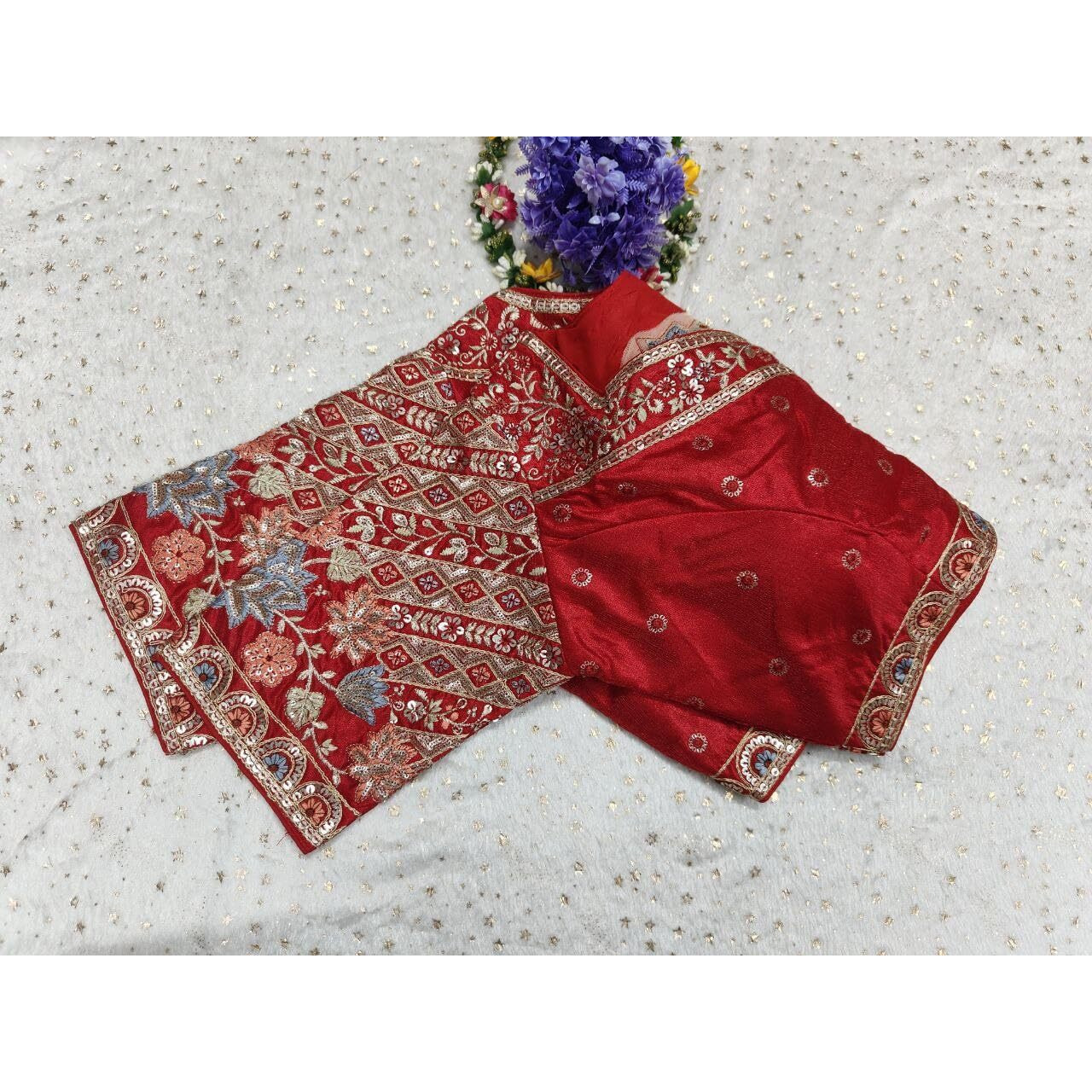 Pujia Mills Women's Ethnic Wear Golden Codding With Multi Embroidery Sequence Work Sweetheart Neck Half Sleeve Readymade Bridal Red Saree Blouse Net Cutwork Blouse For Lehenga